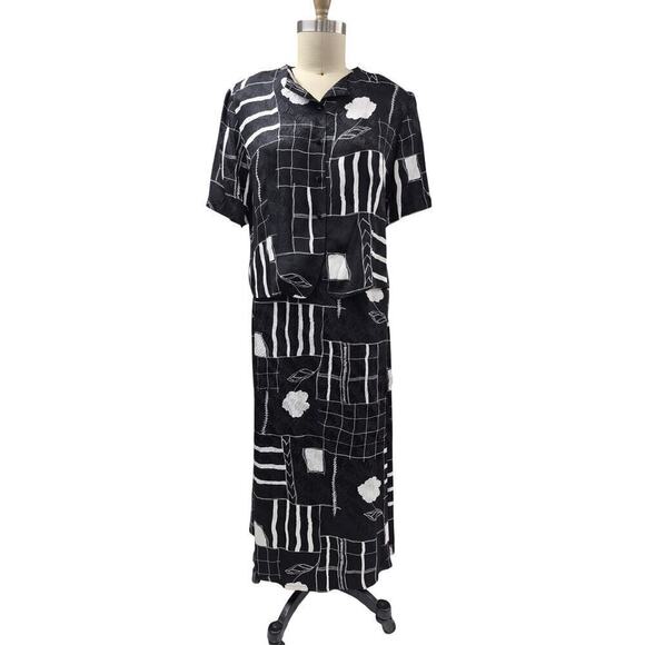 VTG DONCASTER 100% Silk Skirt/Blouse Set Black & White Sz 16 NWOT - Picture 1 of 9